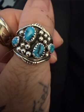 Vintage Sterling Silver Sleeping Beauty Kingman Turquoise Cluster Ring - Blue